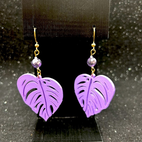 Handmade Purple Leaf Earrings - Picture 3 of 6